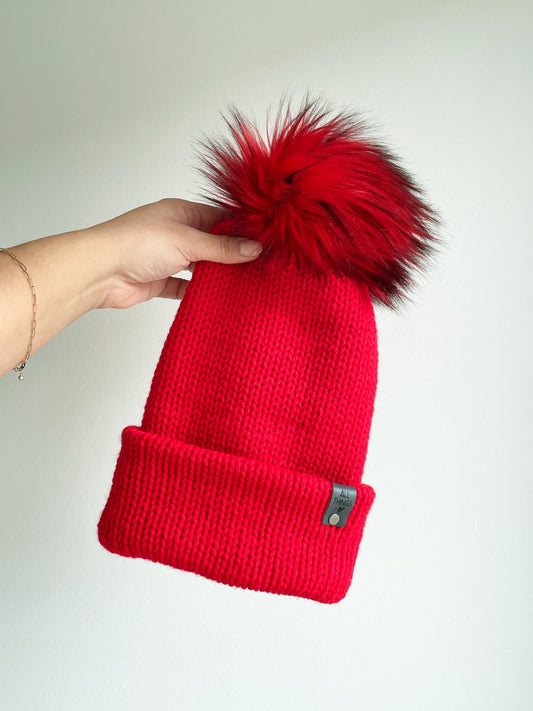 READY TO SHIP - BRIM POM BEANIE in RED, SIZE CHILD/ADULT