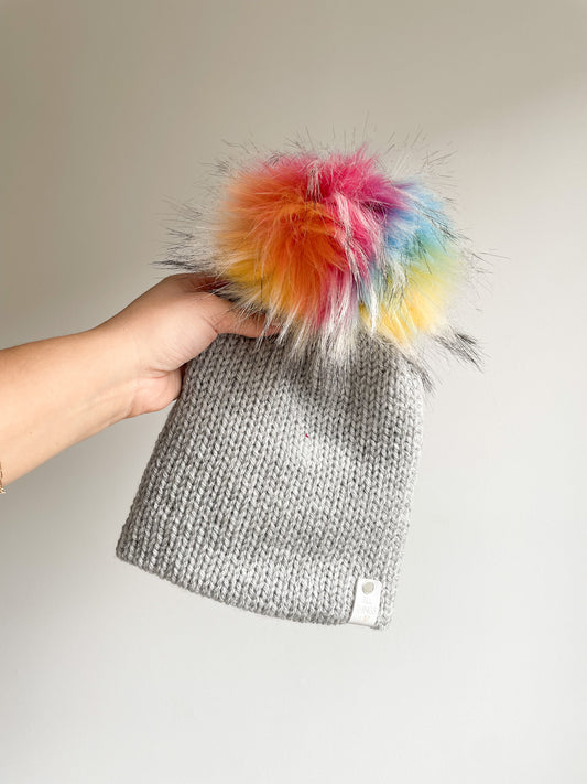 READY TO SHIP - DOUBLE KNIT POM BEANIE in GREY, SIZE CHILD