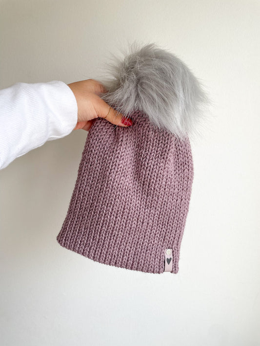 DOUBLE KNIT POM BEANIE - PURPLE ASH