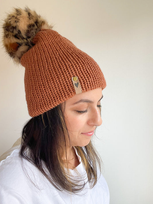 DOUBLE KNIT POM BEANIE - CARAMEL