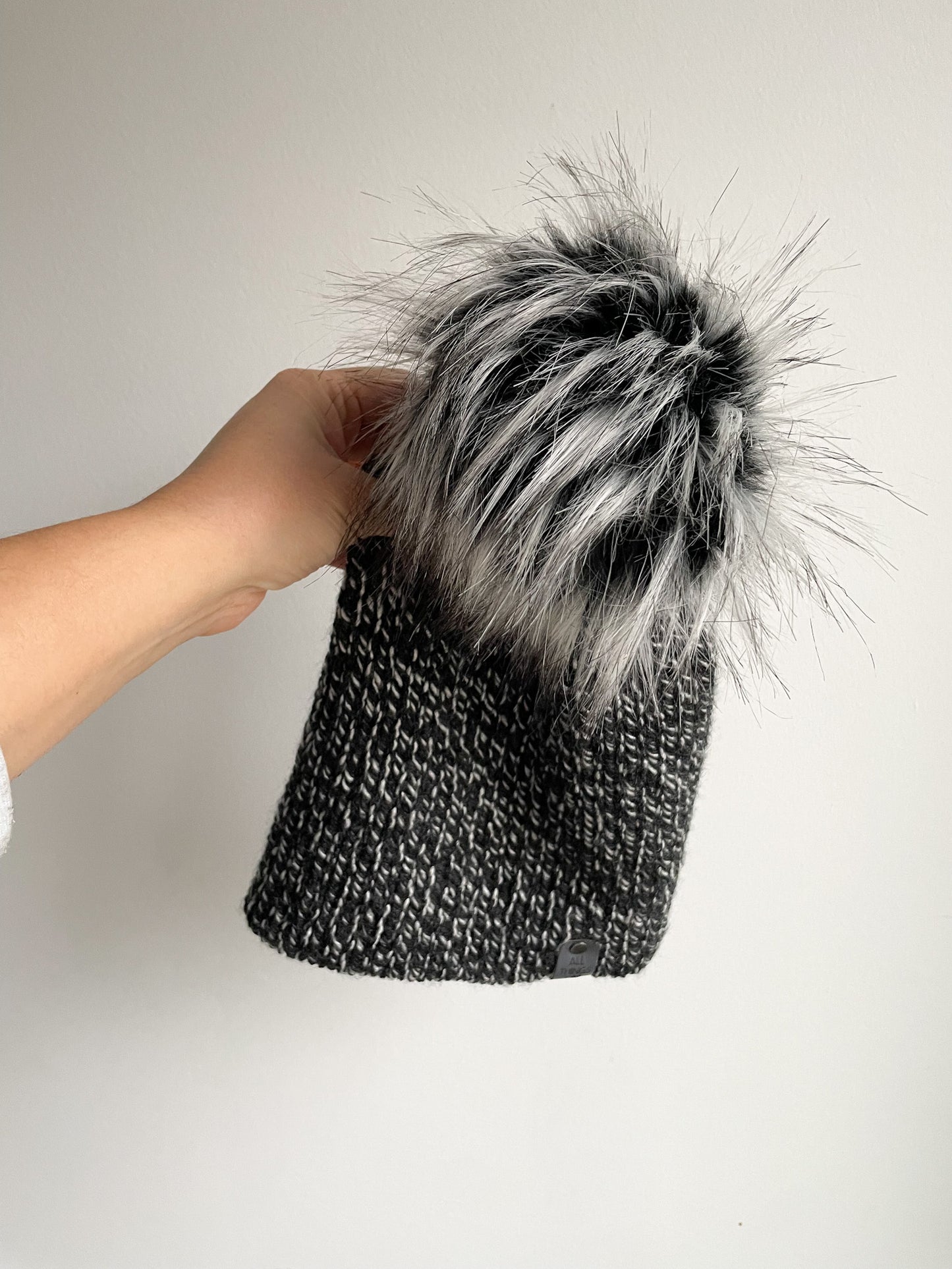 READY TO SHIP - DOUBLE KNIT POM BEANIE in BLACK MARLED, SIZE TEEN/ADLT