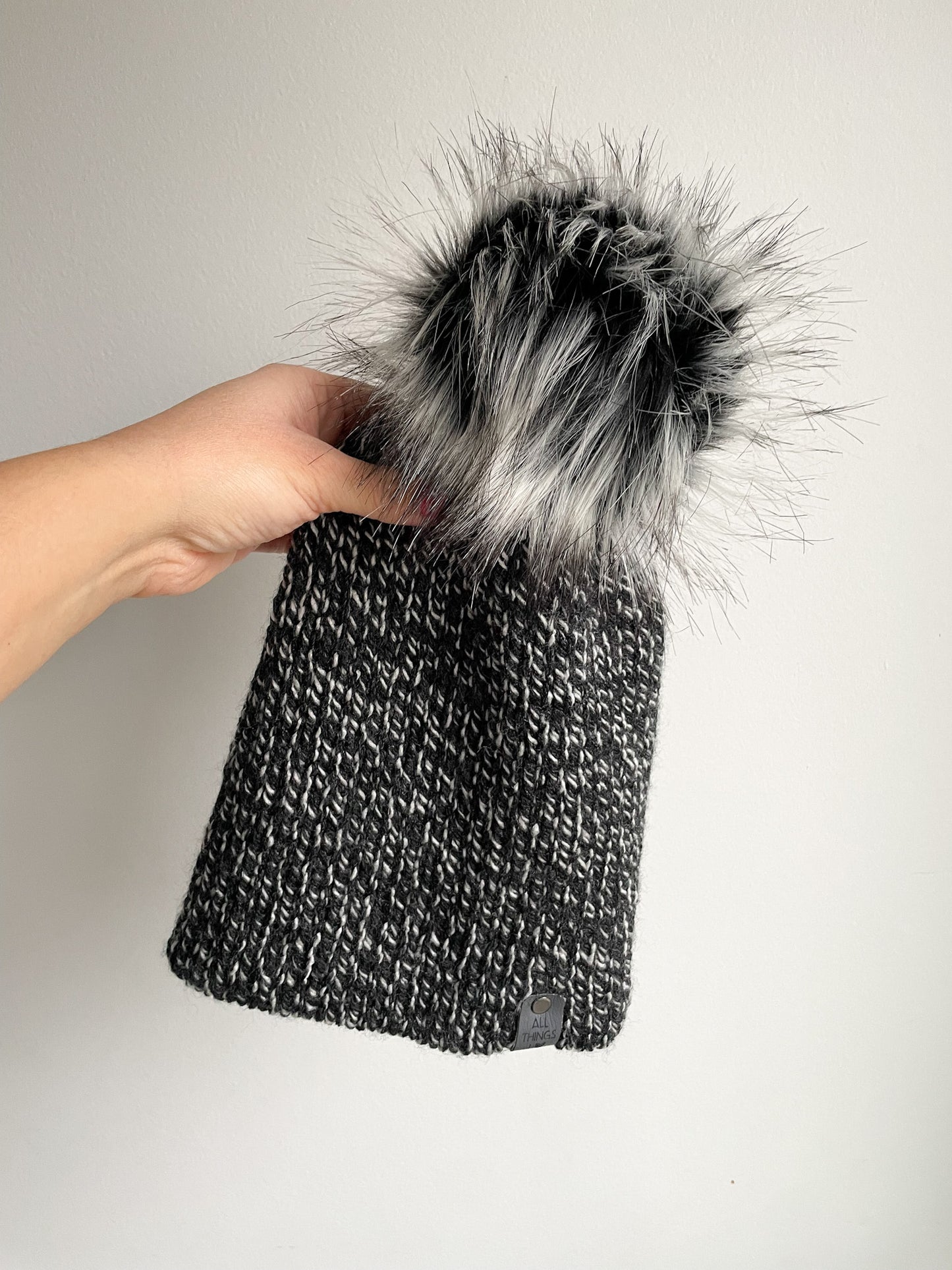 READY TO SHIP - DOUBLE KNIT POM BEANIE in BLACK MARLED, SIZE TEEN/ADLT